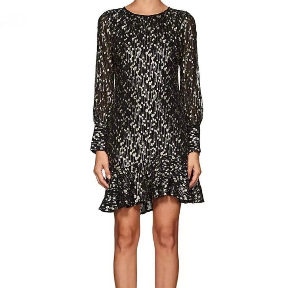 10 Crosby Derek Lam Black/Metallic Gold Silk Asymmetrical Ruffle Mini Dress